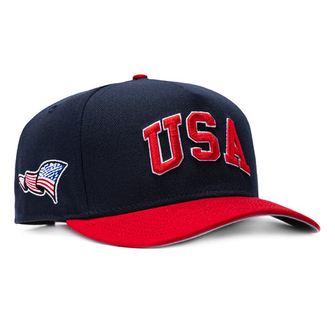 New Era 9Fifty A-Frame 2026 Del Mundo USA Flag Patch Snapback Pre-curved Hat - Navy, Red