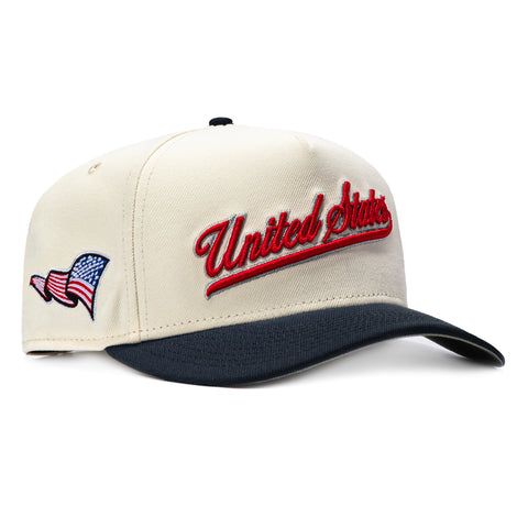 New Era 9Fifty A-Frame 2026 Del Mundo USA Flag Patch Snapback Pre-curved Hat - White, Navy