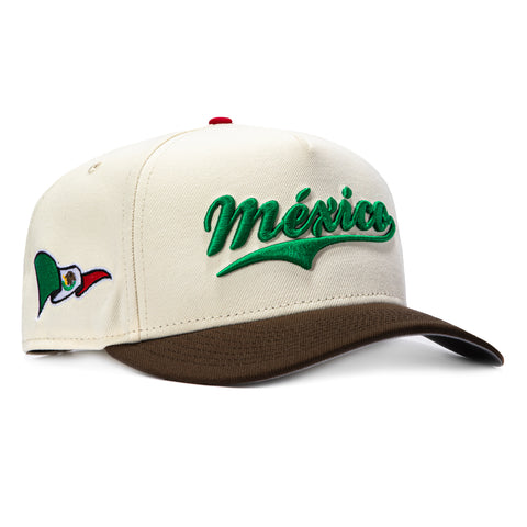New Era 9Fifty A-Frame 2026 Del Mundo Mexico Flag Patch Script Snapback Pre-curved Hat - White, Brown