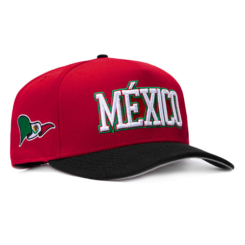 New Era 9Fifty A-Frame 2026 Del Mundo Mexico Flag Patch Snapback Pre-curved Hat - Red, Black