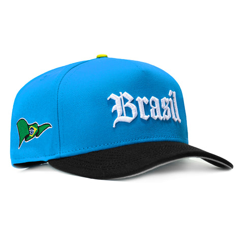 New Era 9Fifty A-Frame 2026 Del Mundo Brazil Flag Patch Snapback Pre-curved Hat - Neon Blue, Black
