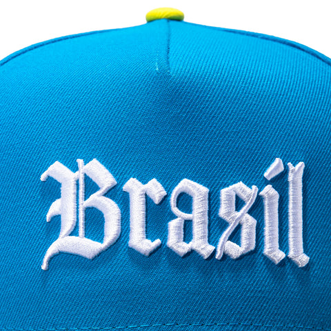 New Era 9Fifty A-Frame 2026 Del Mundo Brazil Flag Patch Snapback Pre-curved Hat - Neon Blue, Black