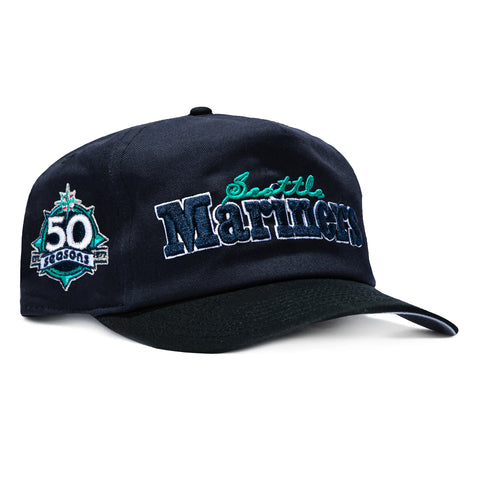 New Era 19Twenty Retro Word Seattle Mariners 50th Anniversary Patch Snapback Pre-Curved Hat - Navy, Black New Era
