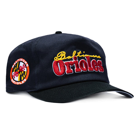 New Era 19Twenty Retro Word Baltimore Orioles Logo Patch Alternate Snapback Pre-Curved Hat - Navy, Black New Era