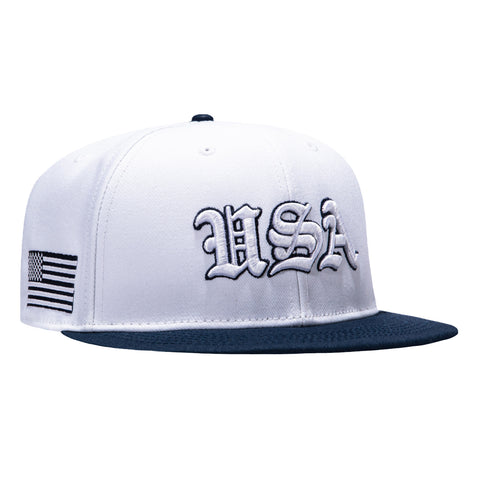 Fan Ink USA Soccer Old English Home Snapback Hat -  White, Navy Fan Ink
