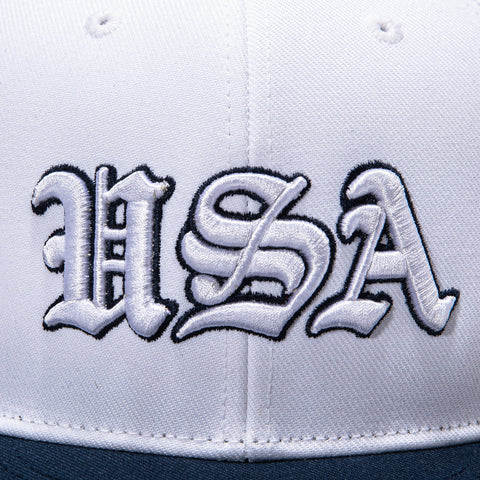 Fan Ink USA Soccer Old English Home Snapback Hat -  White, Navy Fan Ink
