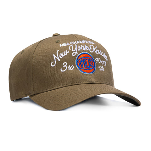 Mitchell & Ness New York Knicks 3x NBA Champions Patch Script Snapback Hat - Olive Mitchell and Ness