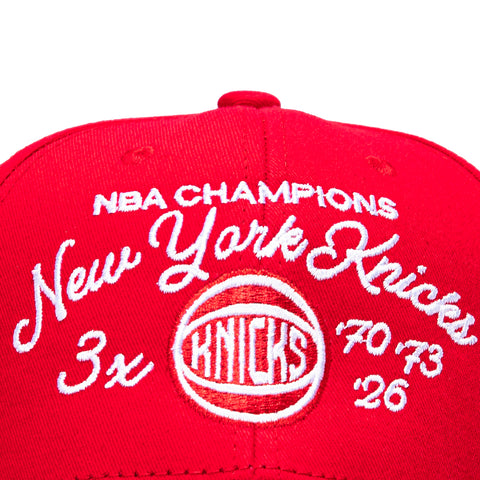 Mitchell & Ness New York Knicks 3x NBA Champions Patch Script Snapback Hat - Red Mitchell and Ness