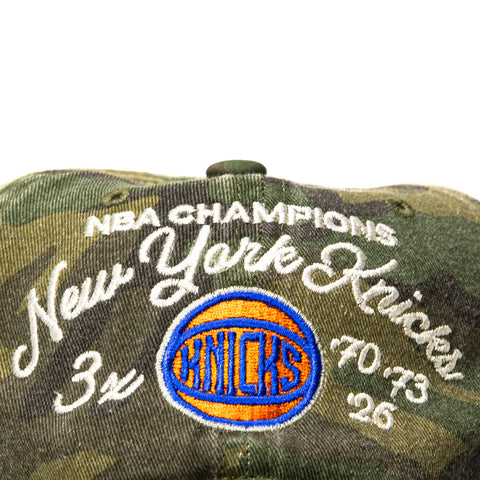 Mitchell & Ness New York Knicks 3x NBA Champions Patch Script Strapback Hat - Camo Mitchell and Ness