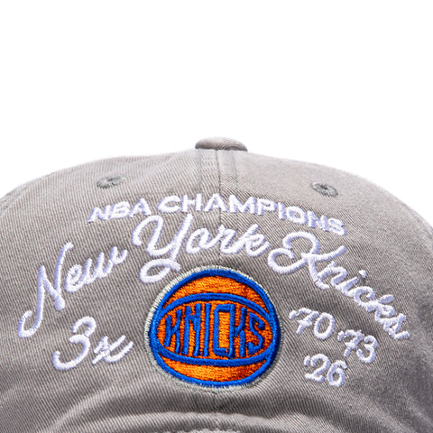 Mitchell & Ness New York Knicks 3x NBA Champions Patch Script Strapback Hat - Grey Mitchell and Ness