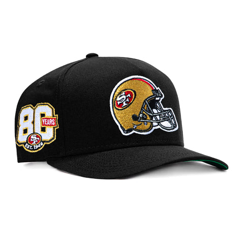 New Era 9Fifty A-Frame Black Dome San Francisco 49ers 80th Anniversary Patch Helmet Snapback Pre-Curved Hat - Black New Era