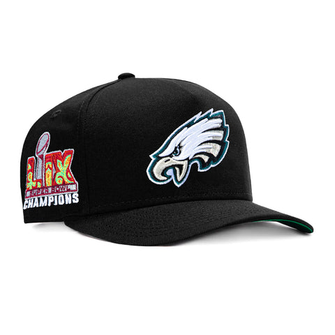 New Era 9Fifty A-Frame Black Dome Philadelphia Eagles 2025 Super Bowl Champions Patch Snapback Pre-Curved Hat - Black New Era