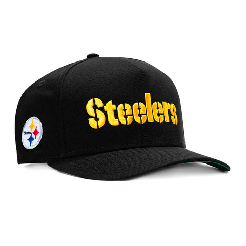 New Era 9Fifty A-Frame Black Dome Pittsburgh Steelers Logo Patch Word Snapback Pre-Curved Hat - Black New Era