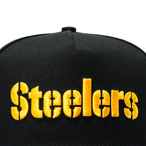 New Era 9Fifty A-Frame Black Dome Pittsburgh Steelers Logo Patch Word Snapback Pre-Curved Hat - Black New Era