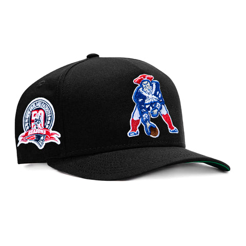 New Era 9Fifty A-Frame Black Dome New England Patriots 50th Anniversary Patch 1972 Snapback Pre-Curved Hat - Black New Era