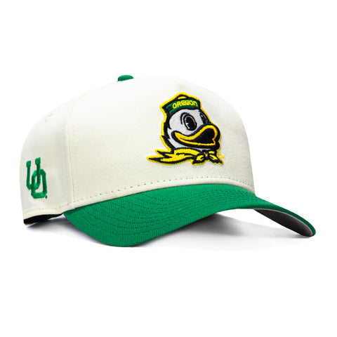 New Era 9Forty A-Frame Oregon Ducks Logo Patch Mascot Snapback Hat - White, Kelly Green New Era