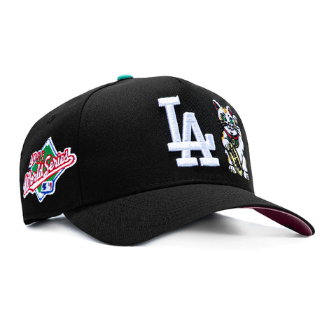 New Era 9Forty A-Frame Los Angeles Dodgers 1988 World Series Patch Lucky Cat Pink UV Snapback Hat - Black New Era