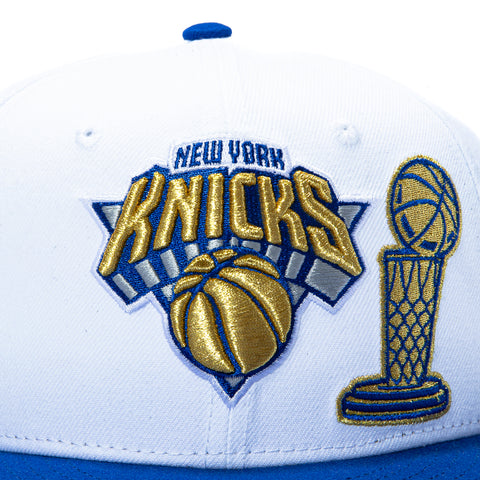 New Era 9Fifty New York Knicks 2026 NBA Champions Patch Ring Ceremony Trophy Snapback Hat - White, Royal New Era