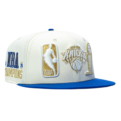 New Era 9Fifty New York Knicks 2026 NBA Champions Patch Ring Ceremony Trophy Snapback Hat - Stone, Royal New Era