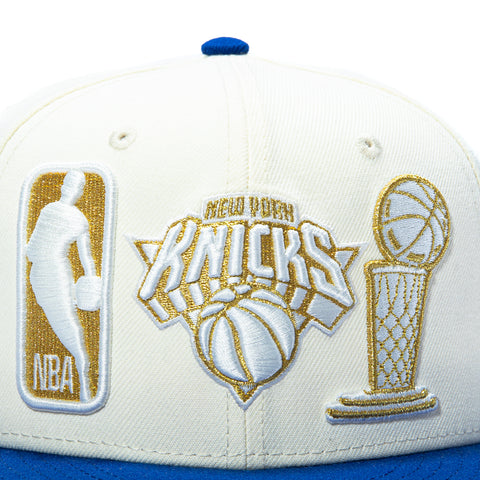 New Era 9Fifty New York Knicks 2026 NBA Champions Patch Ring Ceremony Trophy Snapback Hat - Stone, Royal New Era