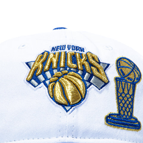 New Era 9Twenty New York Knicks 2026 NBA Champions Patch Ring Ceremony Trophy Strapback Hat - White, Royal New Era
