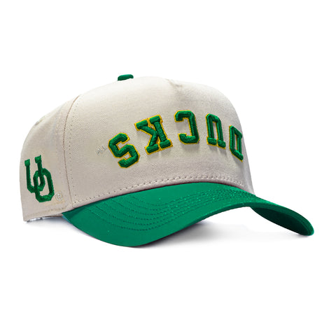 No Rivals Oregon Ducks Logo Patch Snapback Upside Down Hat - Stone, Green No Rivals