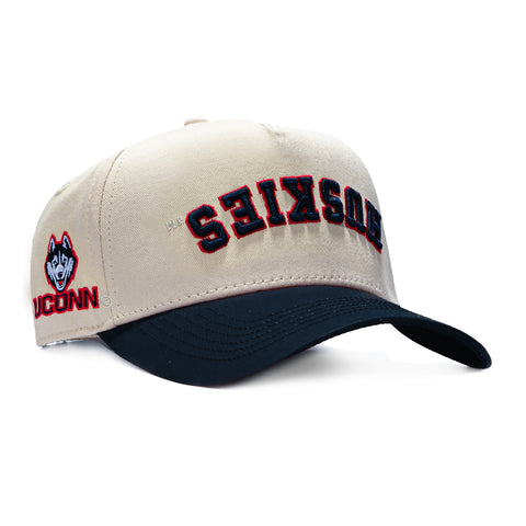 No Rivals UConn Huskies Logo Patch Snapback Upside Down Hat - Stone, Navy No Rivals