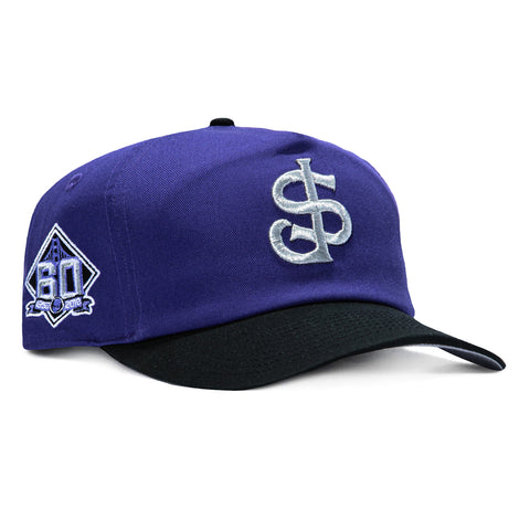 New Era 19Twenty San Jose Giants 60th Anniversary Patch Snapback Pre-Curved Hat - Purple, Black, Metallic Silver New Era