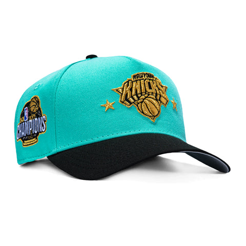 New Era 9Forty A-Frame New York Knicks 2026 NBA Champions Patch Star Snapback Hat - Mint, Black, Metallic Gold New Era