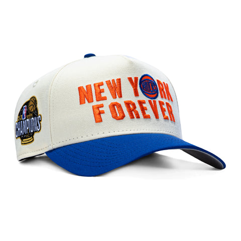 New Era 9Forty A-Frame New York Knicks 2026 NBA Champions Patch New York Forever Snapback Hat - Cream, Royal New Era