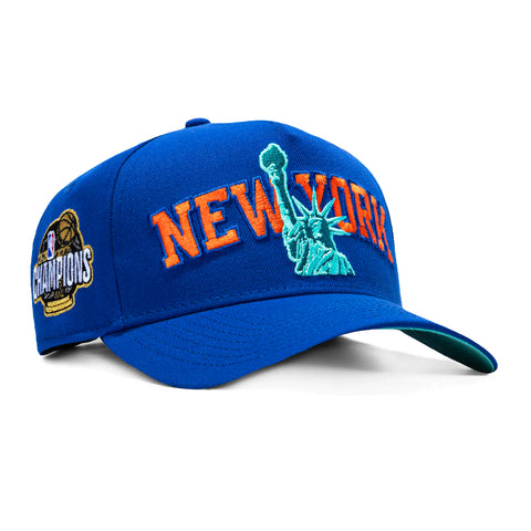 New Era 9Forty A-Frame New York Knicks 2026 NBA Champions Patch New York Statue of Liberty Mint UV Snapback Hat - Royal New Era