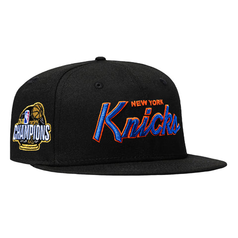 New Era 9Fifty New York Knicks 2026 NBA Champions Patch Script Snapback Hat - Black New Era
