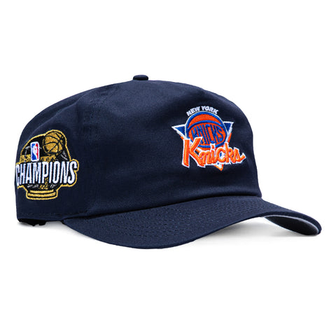 New Era 19Twenty New York Knicks 2026 NBA Champions Patch Overlap Script Snapback Pre-Curved Hat - Navy New Era
