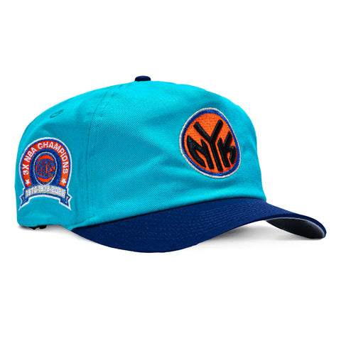 New Era 19Twenty New York Knicks 3x NBA Champions Patch NYK Snapback Pre-Curved Hat - Teal, Royal New Era