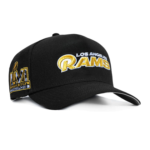 New Era 9Forty A-Frame Los Angeles Rams 2022 Super Bowl Champions Patch Word Snapback Hat - Black, Metallic Gold New Era