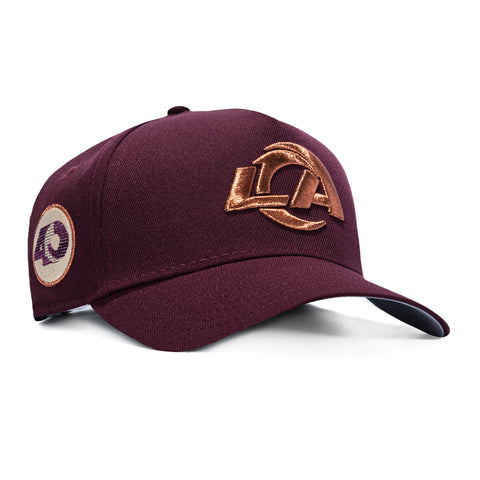 New Era 9Forty A-Frame Los Angeles Rams 40th Anniversary Patch LA Snapback Hat - Maroon, Metallic Copper New Era