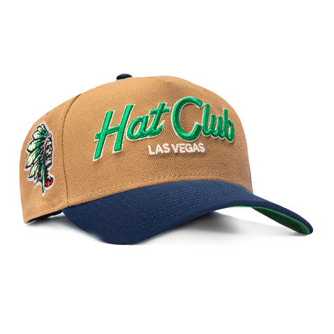 New Era 9Forty A-Frame Hat Club Skull Chief Patch Las Vegas Script Snapback Hat - Khaki, Navy New Era