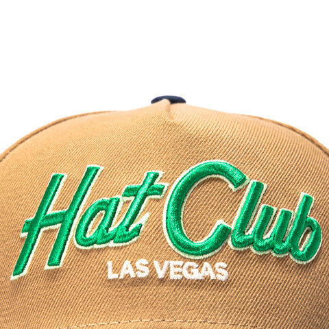 New Era 9Forty A-Frame Hat Club Skull Chief Patch Las Vegas Script Snapback Hat - Khaki, Navy New Era