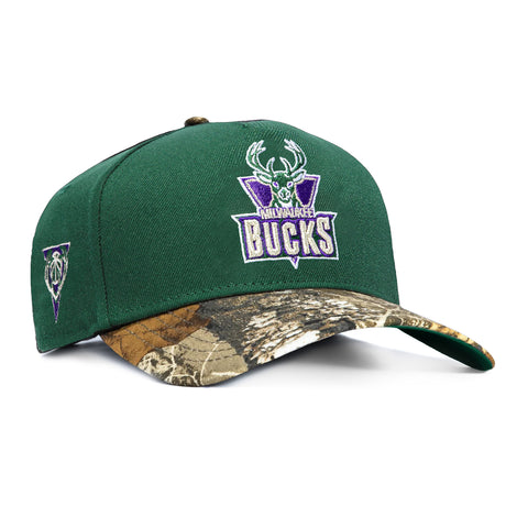 New Era 9Forty A-Frame Milwaukee Bucks 1993 Logo Patch Snapback Hat - Green, Realtree New Era