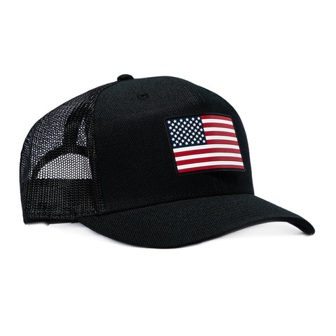 Branded Bills Old Glory Vintage Trucker Snapback Curved Hat - Black, White Branded Bills