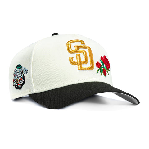 New Era 9Forty A-Frame Rose San Diego Padres 1998 World Series Patch Snapback Hat - White, Black New Era