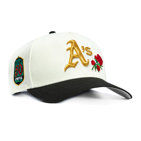 New Era 9Forty A-Frame Rose Oakland Athletics 50th Anniversary Patch Snapback Hat - White, Black New Era