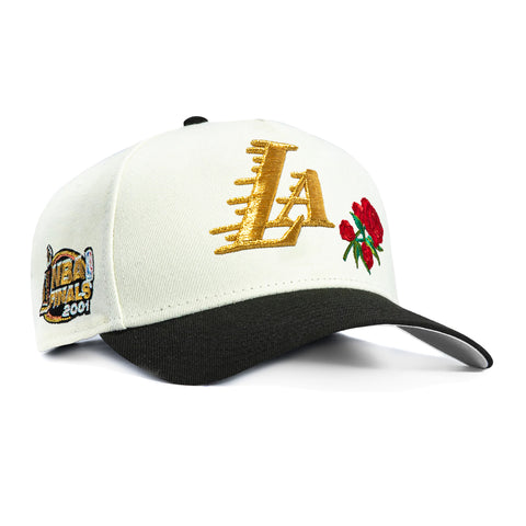 New Era 9Forty A-Frame Rose Los Angeles Lakers 2001 NBA Finals Patch Snapback Hat - White, Black New Era