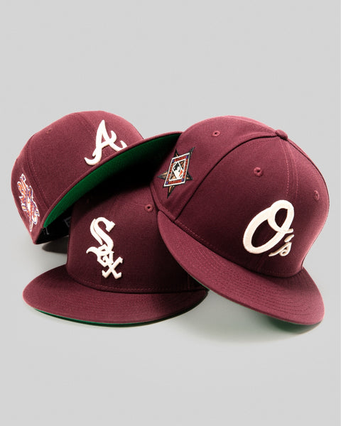 59fifty new era bordeaux collection hero image-maroon fitted hats in pyramid-Atlanta braves,Baltimore orioles,Chicago white sox
