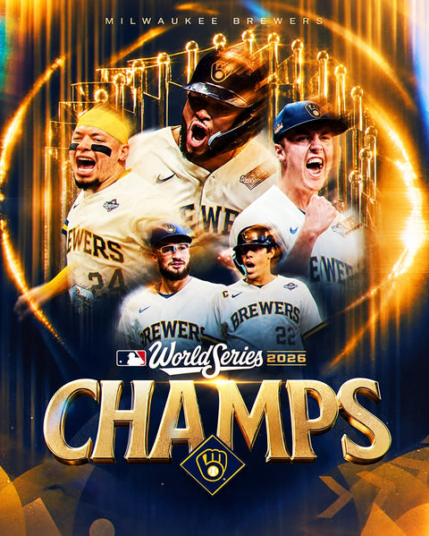 Milwaukee Brewers World Series 2026 Champions graphic featuring multiple player photos, gold trophy imagery, and large metallic 'CHAMPS' text on a dark blue and gold background.