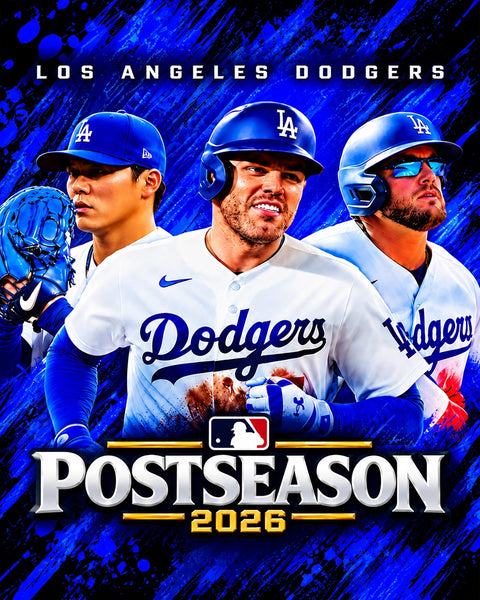 Los Angeles Dodgers promotional artwork for Postseason 2026, featuring three baseball players in white and blue uniforms against a vivid blue painted background, with the Los Angeles Dodgers and MLB logos visible.