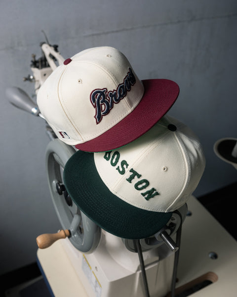 NEW ERA 5950 CHAIN STITCH COLLECTION HERO IMAGE-ATLANTA BRAVES HAT WHITE AND CARDINAL,BOSTON RED SOX HAT WHITE AND GREEN