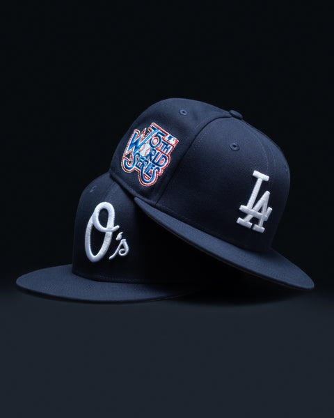 5950 new era blue hour collection hero image-navy blue fitted hats with copper logos-baltimore orioles,los angeles dodgers