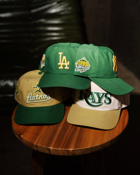47 BRAND COLLECTION HERO IMAGE-47 BRAND GREEN AND YELLOW SNAPBACKS-LOS ANGELES DODGERS,HOUSTON ASTROS,TAMPA BAY RAYS,NEW YORK YANKEES