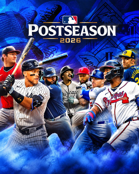 Promotional poster artwork for MLB Postseason 2026, featuring multiple baseball players in action with the MLB logo and 'POSTSEASON 2026' text over a blue stadium-style background.